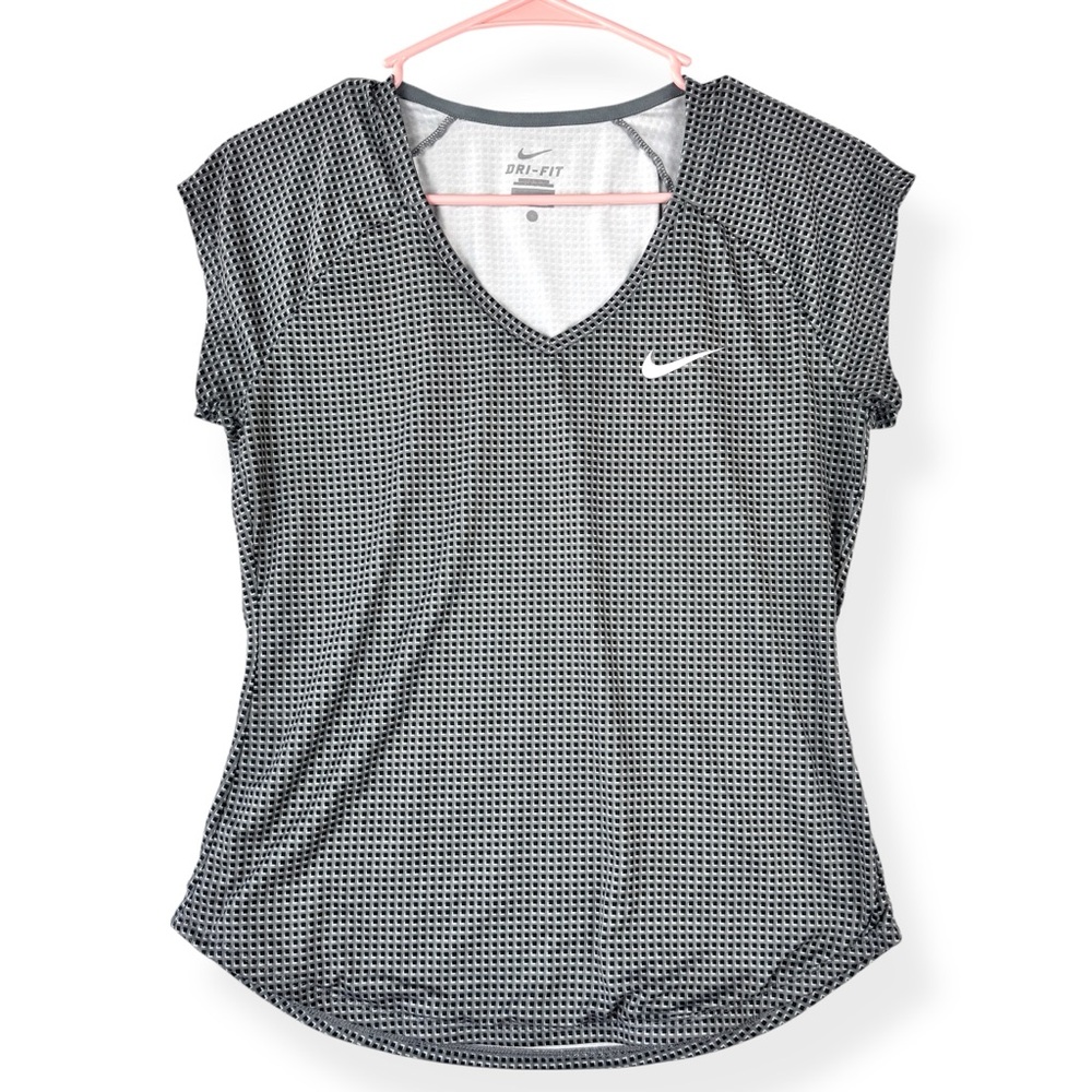 Nike Dri-FIT Womens V-Neck Short Sleeve Training Top Black White Grid 728759-010